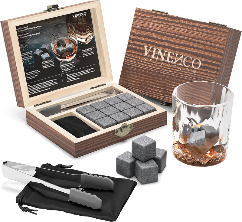 Whisky Steine Set - 12 Wiederverwendbare Basalt Eiswürfel, Zange + Stoffbeutel, Whiskey Ice Cubes Kü