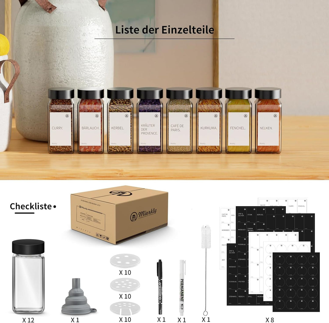 Miorkly Gewürzgläser Eckig mit Streueinsatz - 12 x 120ml - Edelstahl Deckel G.12, G.12