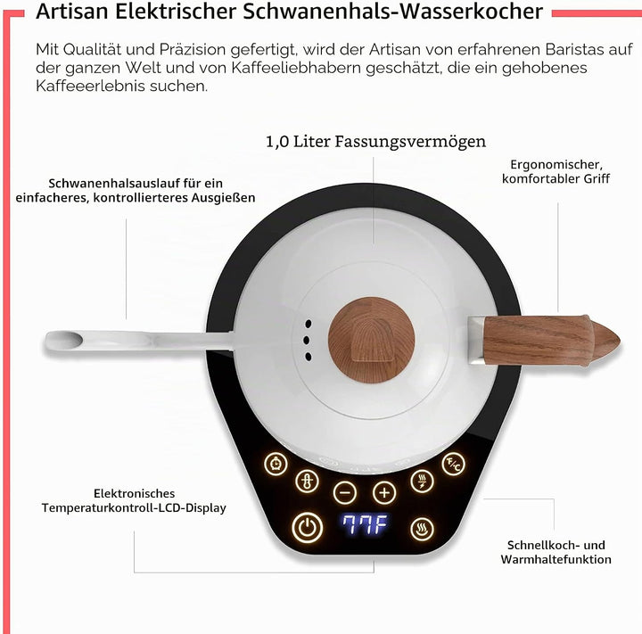 Brewista Artisan Matte Black | Elektrischer Wasserkocher | Schwanenhals Auslauf | Temperaturregelung