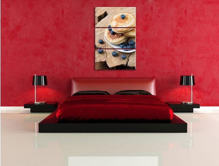 Pixxprint Pancakes mit Blaubeeren als Leinwandbild | Grösse: 3 Teilig (120x80) | Wandbild| Kunstdruc
