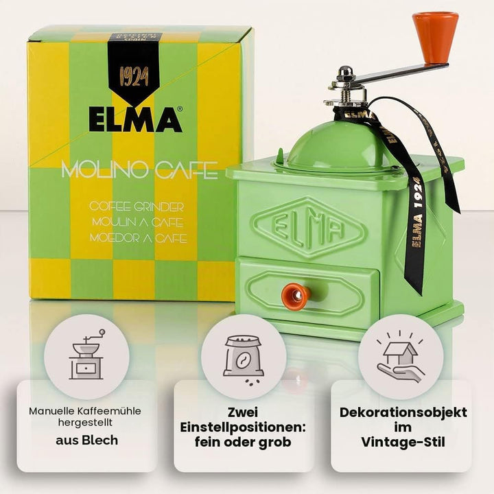 Elma Manuelle Kaffeemühle im Vintage-Stil aus Blech | Teller, dekorativer Gebrauch, 10,5 x 10,5 x 15