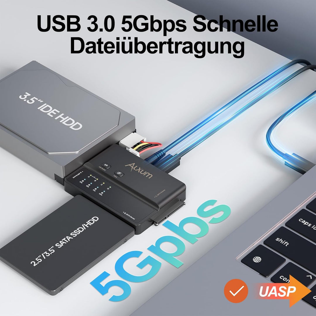 Alxum IDE und SATA Adapter, USB Type-C 5Gbps Festplatten Adapter mit Clone, Netzschalter für 2.5/3.5