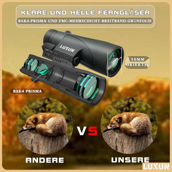 LUXUN 12x50 HD Fernglas für Erwachsene, Fernglas mit Smartphone Adapter Tragetasche, 20mm grosses Ok