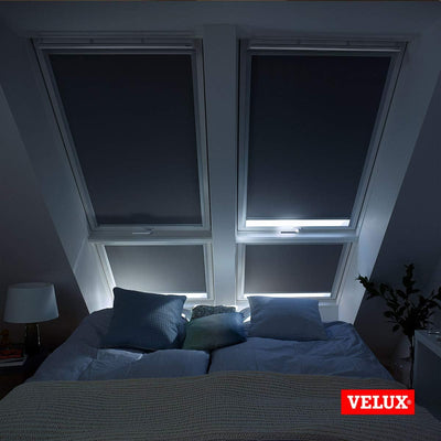 VELUX Original Dachfenster Verdunkelungsrollo für MK04, Dunkelblau, mit Grauer Führungsschiene