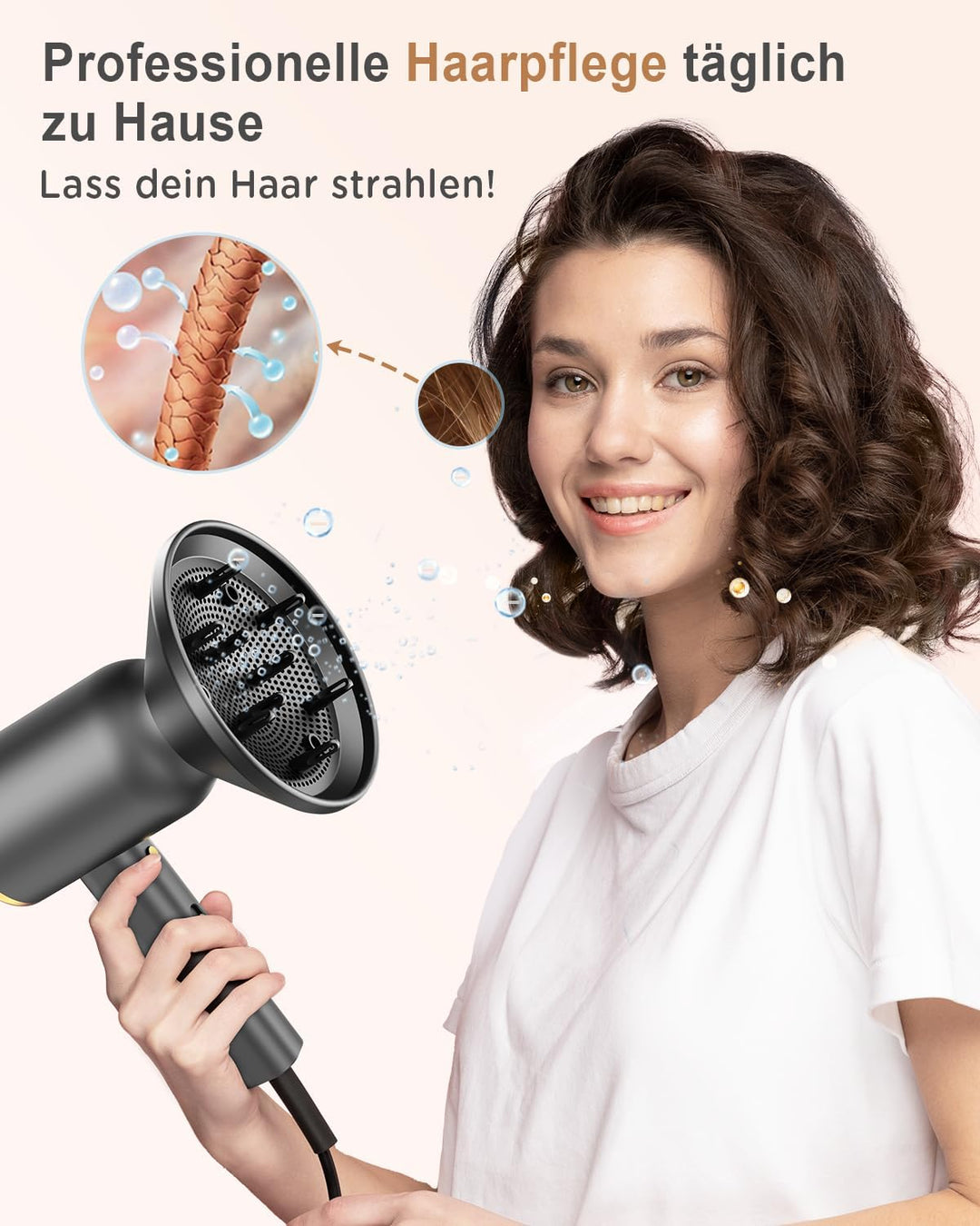 Ionen Haartrockner 1800W Föhn mit Diffusor Konzentratoren Halterung,Schnelltrocknen Haarföhn,3 Tempe