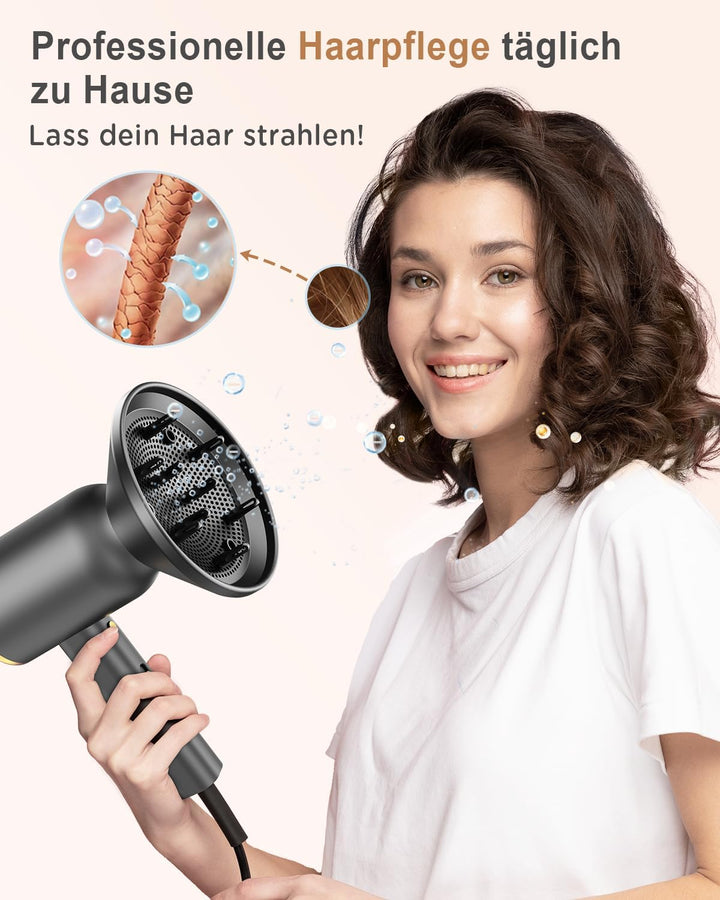 Ionen Haartrockner 1800W Föhn mit Diffusor Konzentratoren Halterung,Schnelltrocknen Haarföhn,3 Tempe