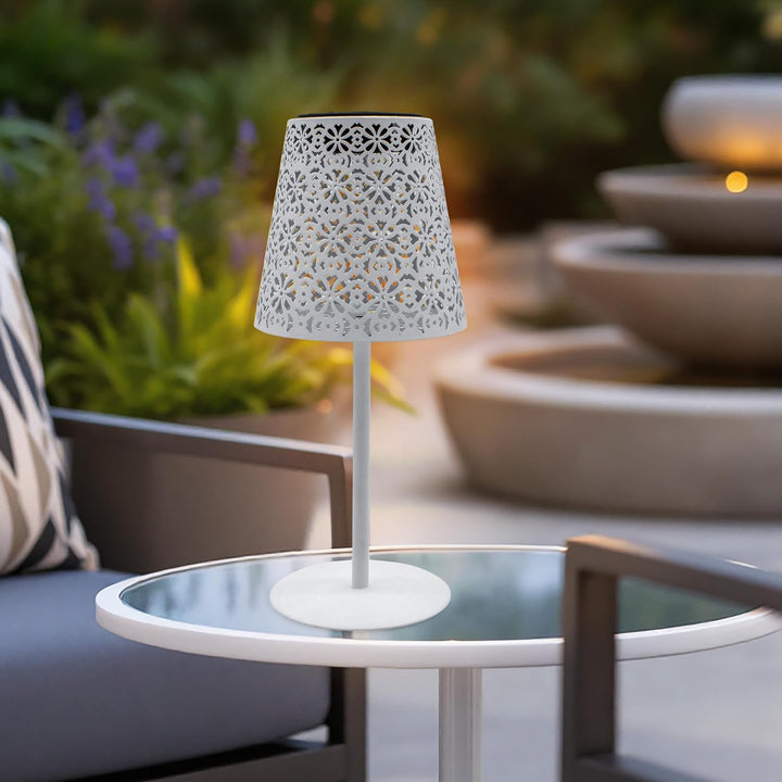 Solar Retro Tischleuchte aus Metall in weiss - 28 x 12 cm - Vintage Garten Tischlampe warm weiss - D