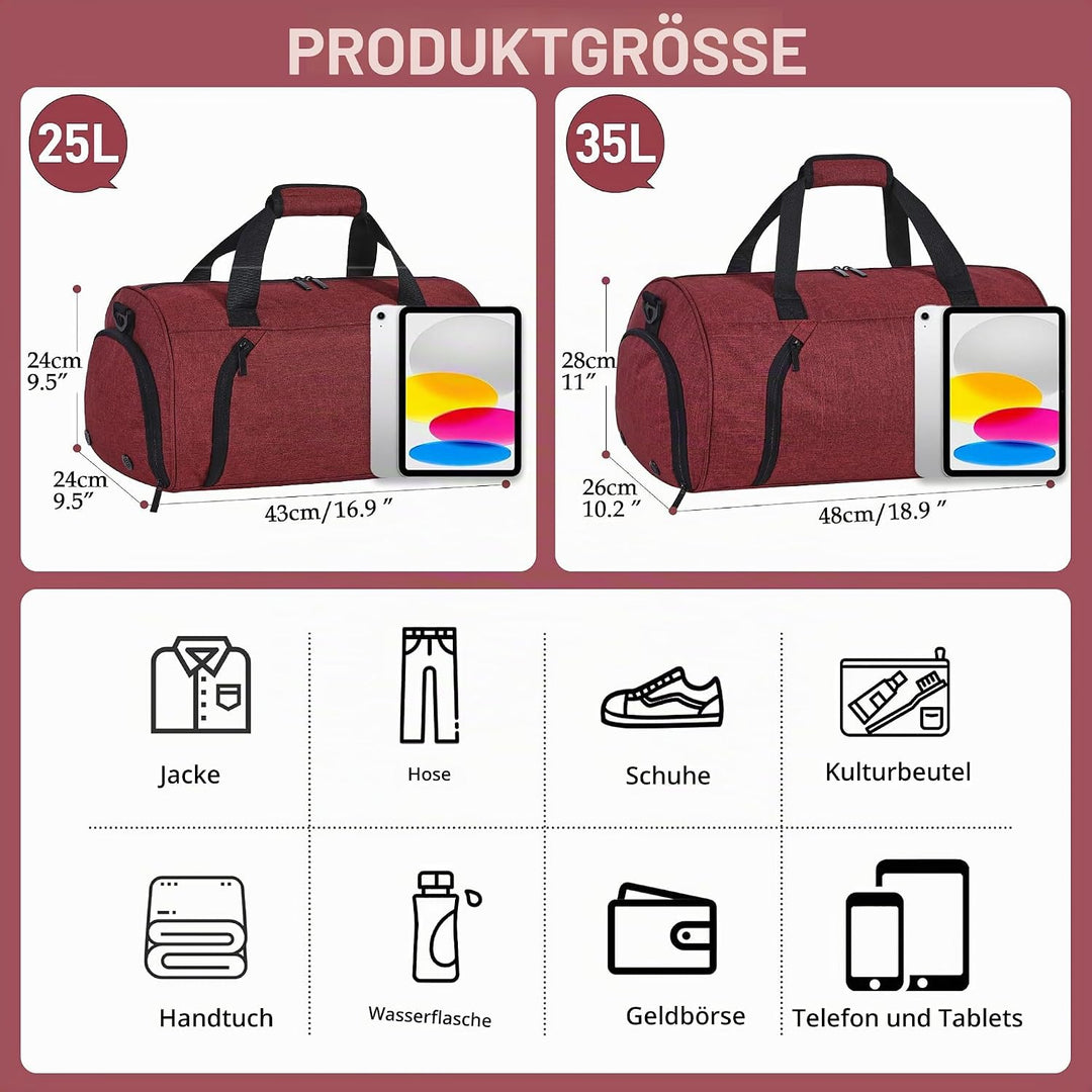 Sporttaschen für Damen und Herren, 25L Reisetasche Duffel Bag Übernachtungstasche mit Schuhfach &amp; Na