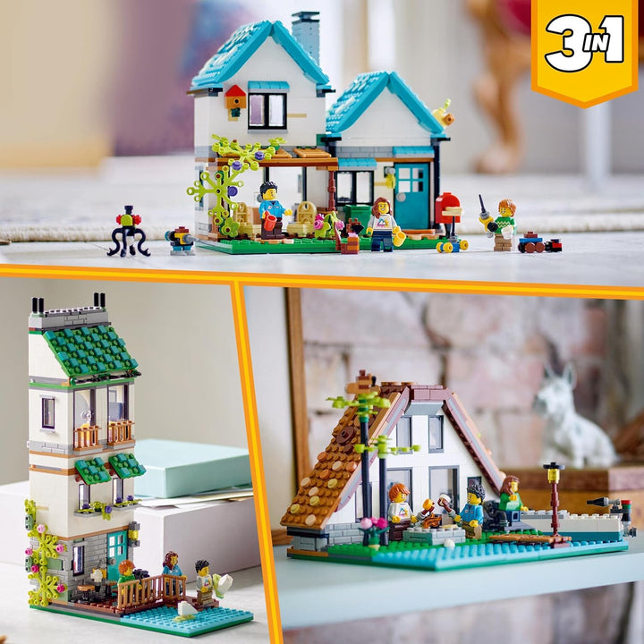 LEGO 31139 Creator 3in1 Gemütliches Haus Set, Modellbausatz mit 3 verschiedenen Häusern Plus Familie