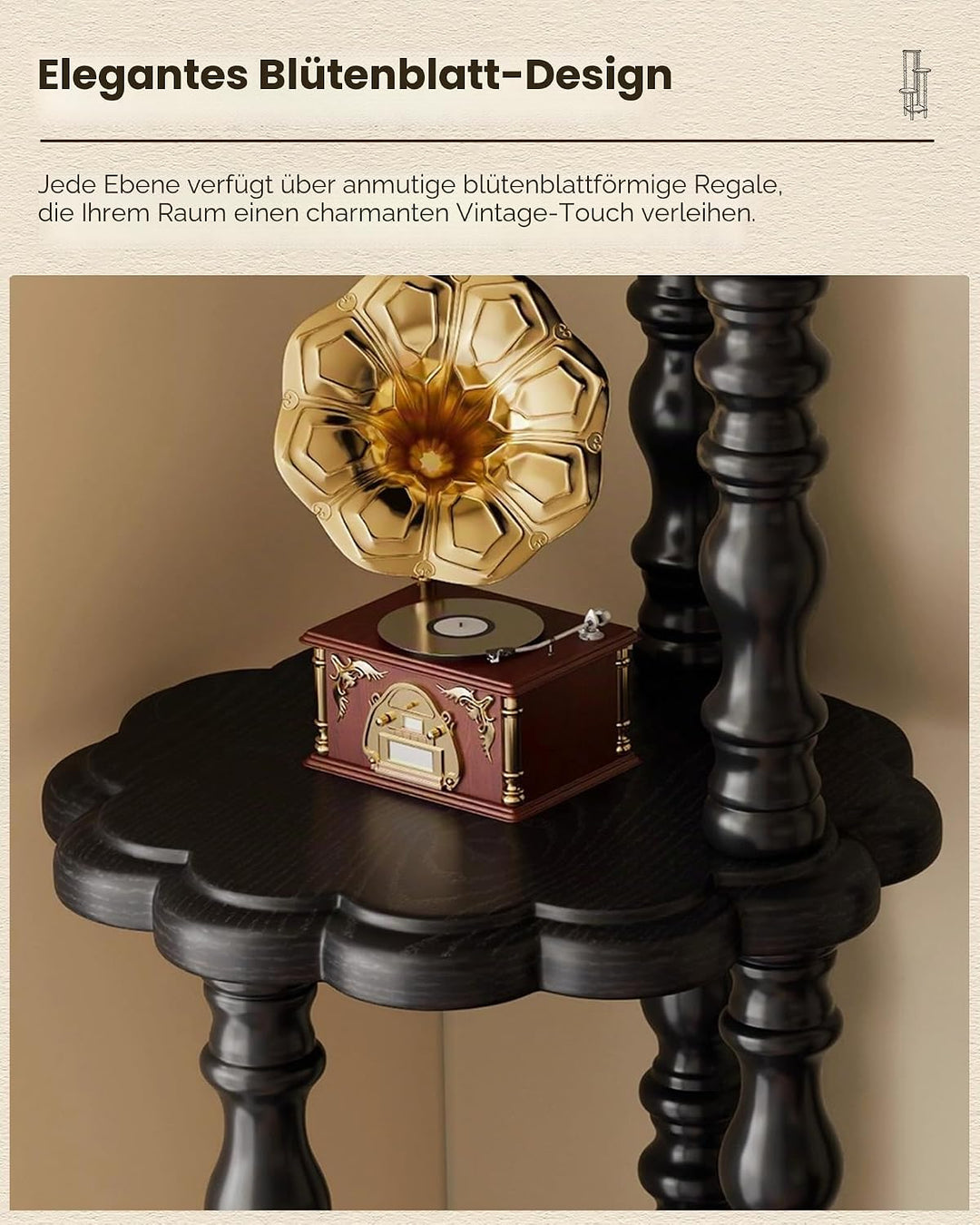 Vintage Eckregal mit 4 Ebenen, Massives Holz Standregal Lagerregal mit Eleganten Spindelbeinen, Büch
