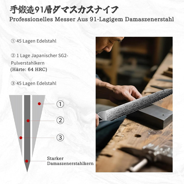 SHAN ZU Damast Brotmesser, 18cm Japanisches Küchenmesser aus SG2-Pulverstahl, Handgeschmiedetes Prof