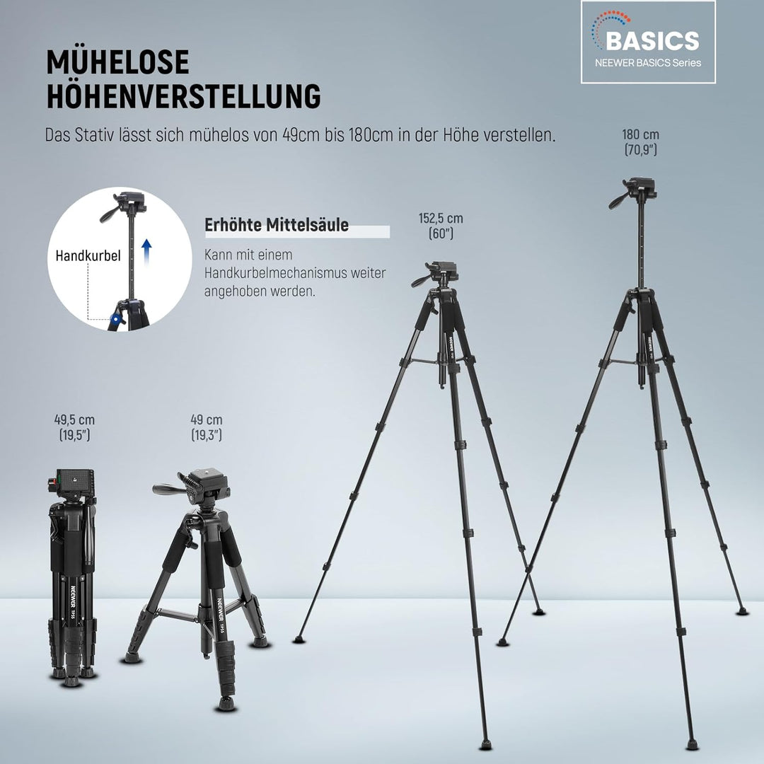 NEEWER Basics Kamera Stativ, 71'' Tripod mit Handyhalterung, kompatibel mit iPhone für Videoaufnahme