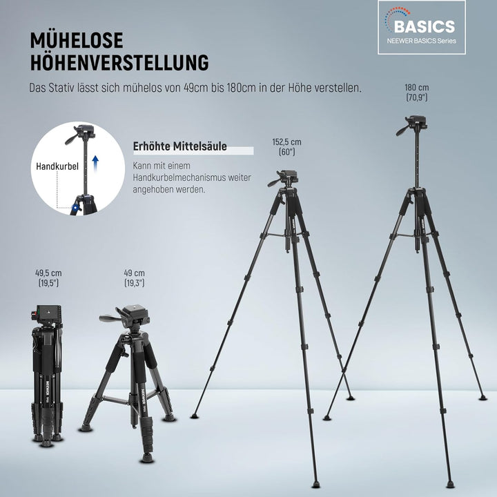 NEEWER Basics Kamera Stativ, 71'' Tripod mit Handyhalterung, kompatibel mit iPhone für Videoaufnahme