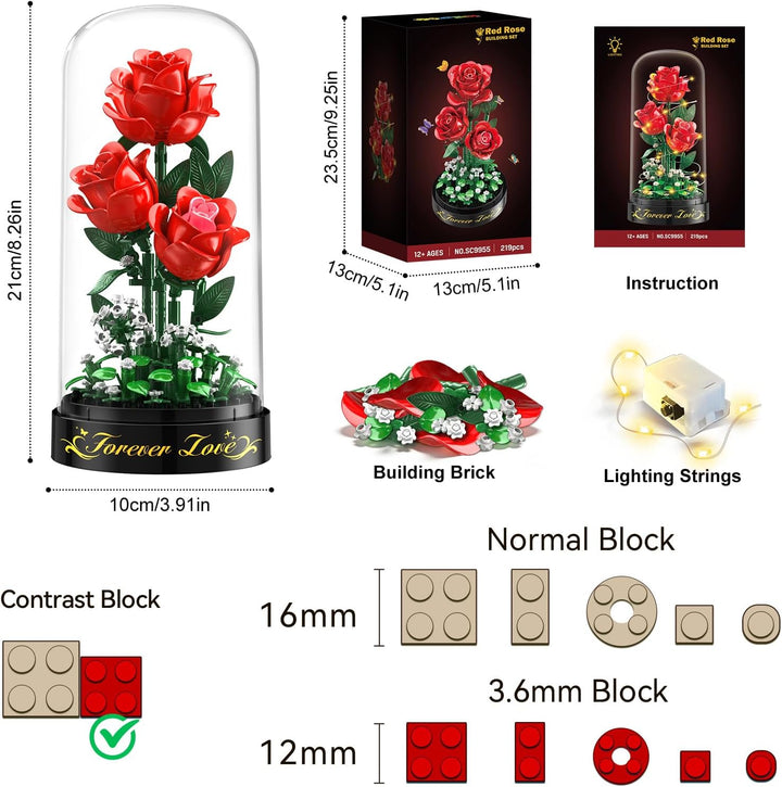 Rosen Blumenstrauss Bauset mit LED Licht – 3,6 MM Rosenstrauss mit Abdeckung Valentinstagsgeschenk f