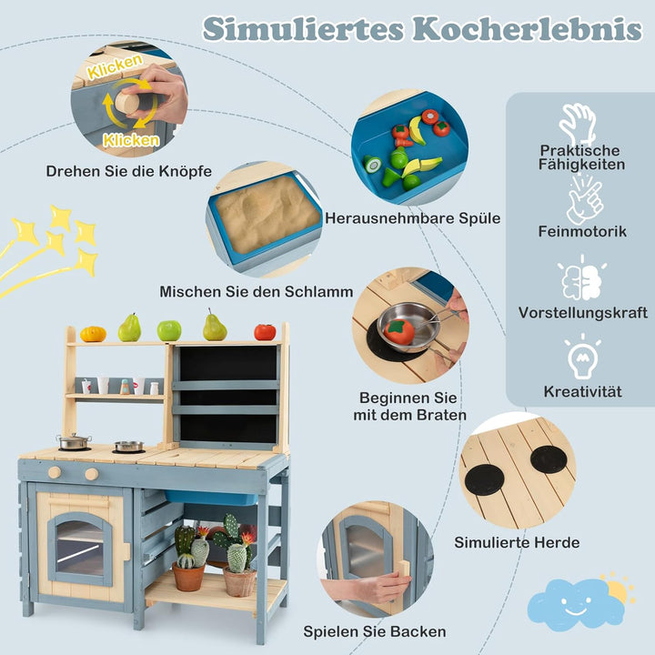 COSTWAY 2 in 1 Kinderküche & Kaufladen, Matschküche Outdoor Kinder, mit Tafel, Metallkörben, Aufbewa