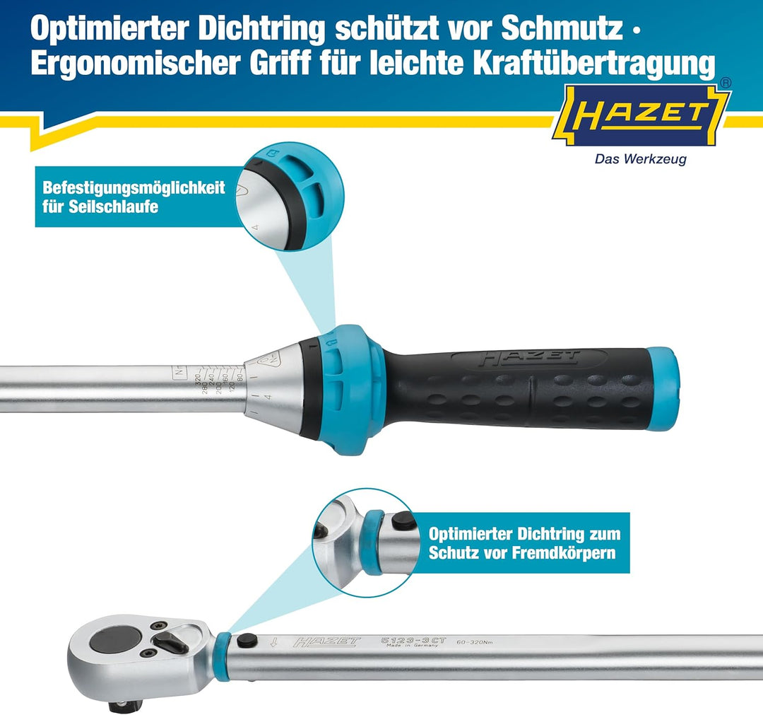 HAZET Drehmomentschlüssel 1/2 Zoll 5123-3CT, 60 – 320 Nm, Abtrieb: Vierkant 12,5 mm, Toleranz: 3 %,