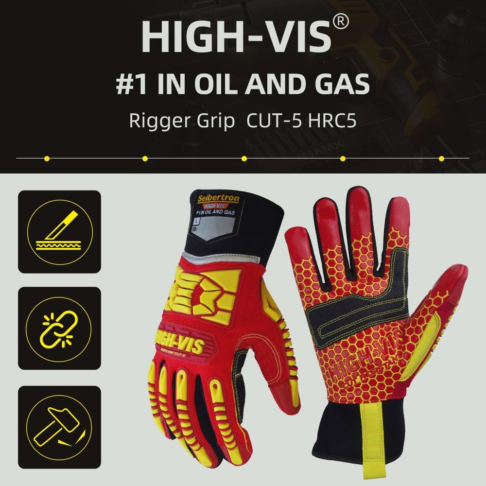 Seibertron HIGH-VIS HRC5 Rigger Silikon Grip Cut 5 Impact Viz Heavy Duty Handschuhe Abrieb Öl & Gas
