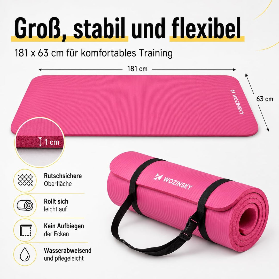 WOZINSKY Fitness Yogamatte Fitnessmatte Turnmatte Gymnastikmatte 181 cm X 63 cm X 1 cm SCHWARZ (ROSA
