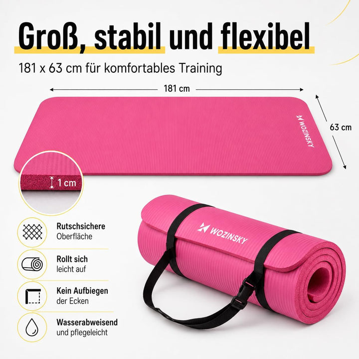 WOZINSKY Fitness Yogamatte Fitnessmatte Turnmatte Gymnastikmatte 181 cm X 63 cm X 1 cm SCHWARZ (ROSA