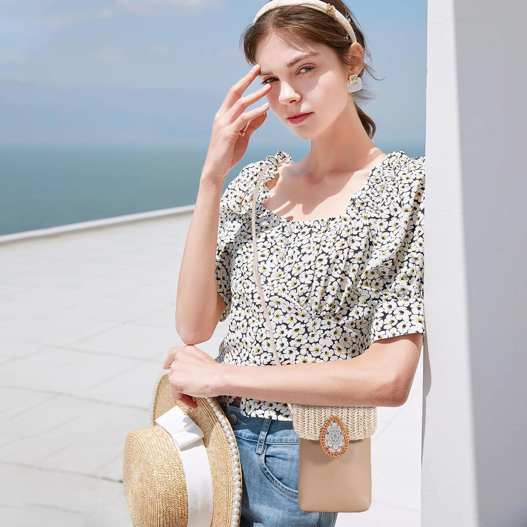 NICOLE & DORIS Damen Handytasche Zum Umhängen Klein Handy Schultertasche Stroh+PU Leder Handy Tasche