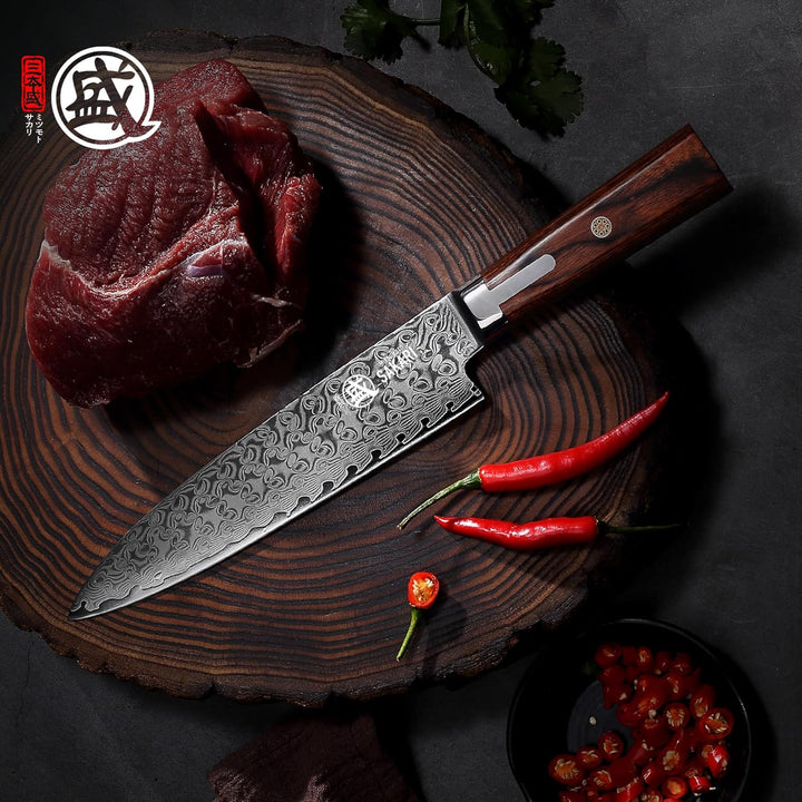 MITSUMOTO SAKARI 22 cm Japanisches Gyuto-Kochmesser, Handgeschmiedetes Beste Küchenmesser, S301 Dama