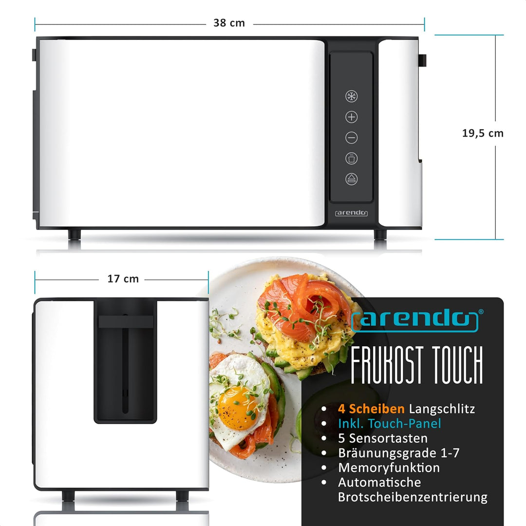 Arendo - Edelstahl Toaster Langschlitz 4 Scheiben- Touchscreen – Doppelwandgehäuse – Integrierter Br