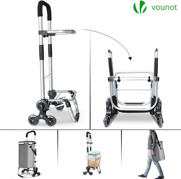 VOUNOT Aluminium Einkaufstrolley Treppensteiger, Trolly Einkaufswagen Klappbar, Hackenporsche mit 6
