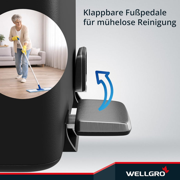 WELLGRO Mülleimer Küche 40 Liter - Edelstahl Tretmülleimer schwarz 2 Fächer, Mülltrennsystem 2 x 20