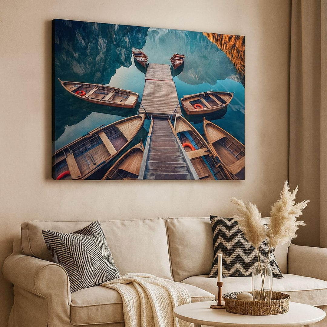 Bilder auf Leinwand Berge Boot Wasser Leinwandbild mit Rahmen 70x50cm Wandbilder Dekoration Wohnzimm