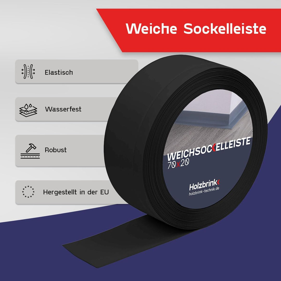 HOLZBRINK Weichsockelleiste Schwarz Knickleiste ohne Klebestreifen, Material: PVC, 70x20mm, 25 Meter