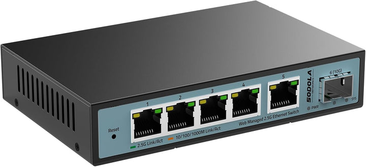 SODOLA 6 Port 2.5G Smart Web Ethernet Switch,1 10G SFP und 5 x 2.5G Base-T Ports,Unterstützt Statisc
