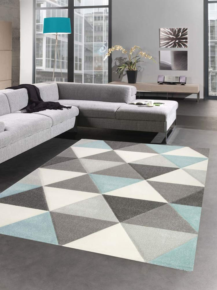CARPETIA Teppich Wohnzimmerteppich Dreieck blau grau Creme Grösse 80x150 cm
