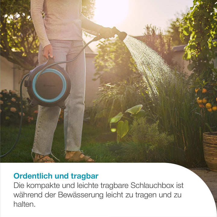 Gardena Mobile Schlauchbox MoveMatic Schlauchaufbewahrung: Ordentlich und tragbar, Einziehbarer Gart