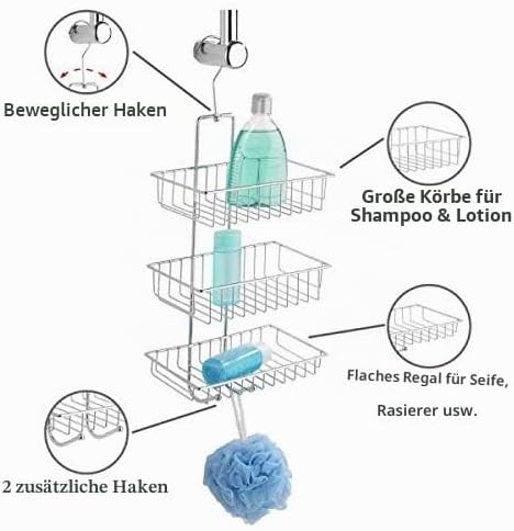 WENKO Duschcaddy 3 Etagen zum Hängen, Duschablage ohne Bohren mit beweglichem Haken, verchromter Sta