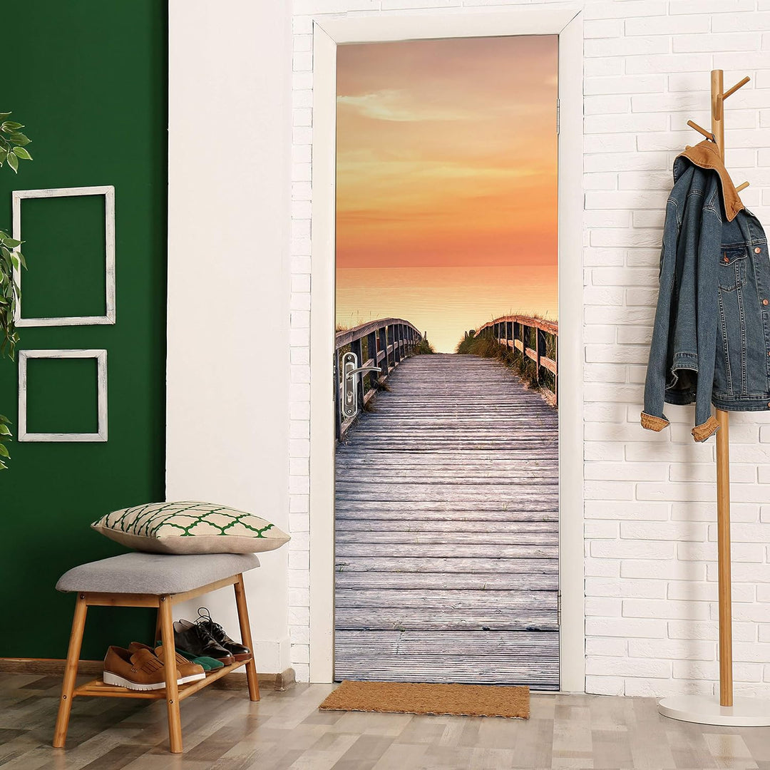 wandmotiv24 Türtapete Holz-steg zum Meer, Abend-rot, Sonne 70 x 200cm (B x H) - Dekorfolie selbstkle