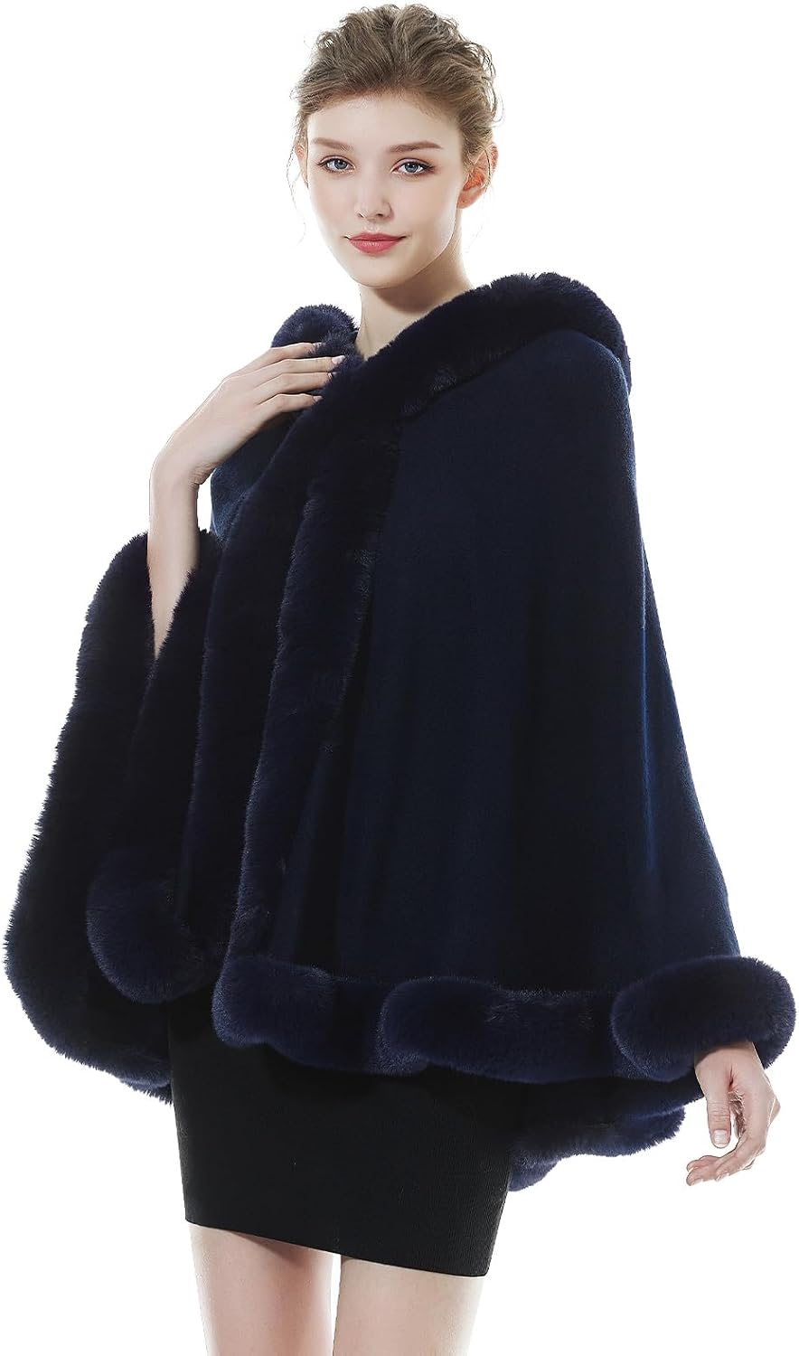 BEAUTELICATE Damen Kunstpelz Strick Poncho Cape mit Kapuze Warm Umhang Cardigan Stola Brautjacke für