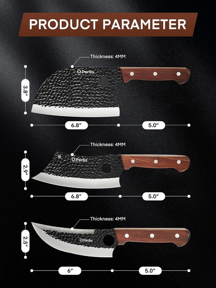 D.Perlla Metzgermesser Set 3-teilig Kochmesser Set mit Hackmesser,Wikinger-Ausbeinmesser und Serbisc