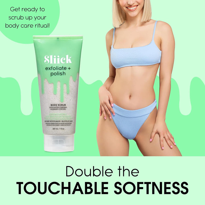 Sliick Exfoliate & Polish Body Scrub Bimsstein und Glykolsäure vor und nach dem Wachsen