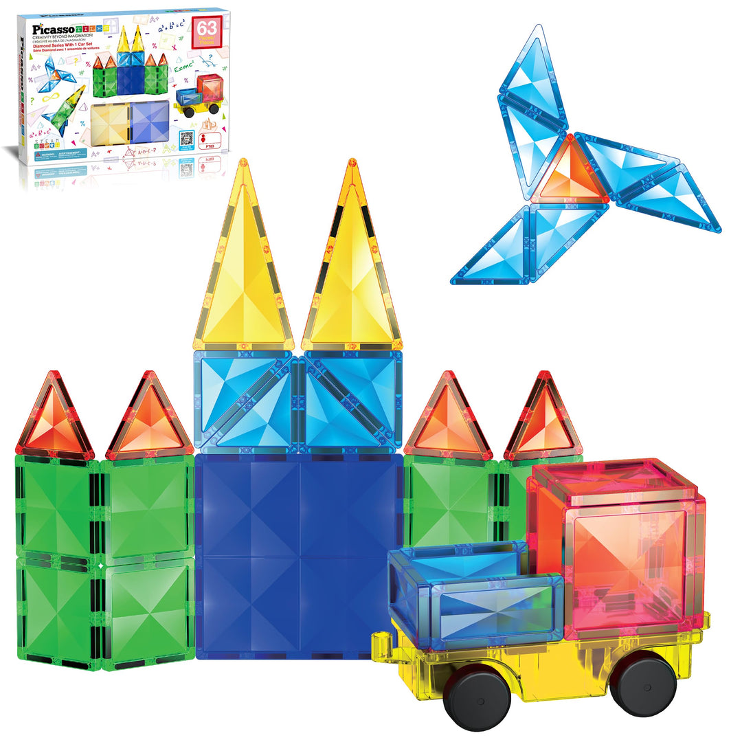 PicassoTiles Magnetische Bausteine in Diamantform, 63 Stück – Fliesenblöcke mit Auto und LKW – Set d