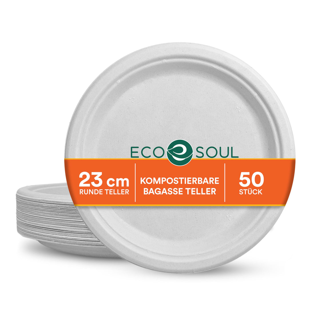 ECO SOUL weisse 23 cm (9 Zoll) runde Bagasse-Papierteller (100 Stück), Einweggeschirr, 100% komposti