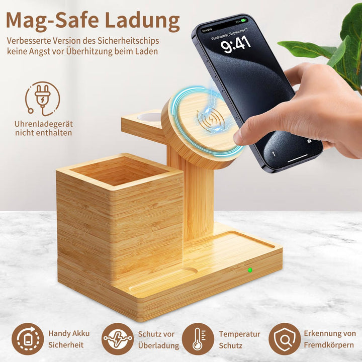Drahtloser Ladeständer für Mag-Safe - 4 in 1 drahtlose Ladestation mit Stifthalter, Bambus-Schnellla