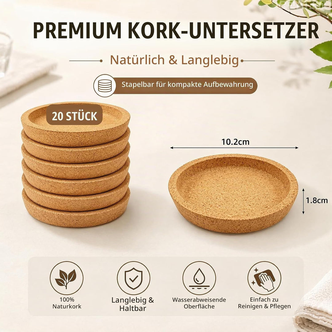 Korkuntersetzer Rund mit Rand 20 Stück, Saugfähig für Tassen &amp; Gläser | Hitzebeständig, 10,2 cm Durc