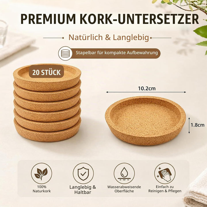 Korkuntersetzer Rund mit Rand 20 Stück, Saugfähig für Tassen &amp; Gläser | Hitzebeständig, 10,2 cm Durc