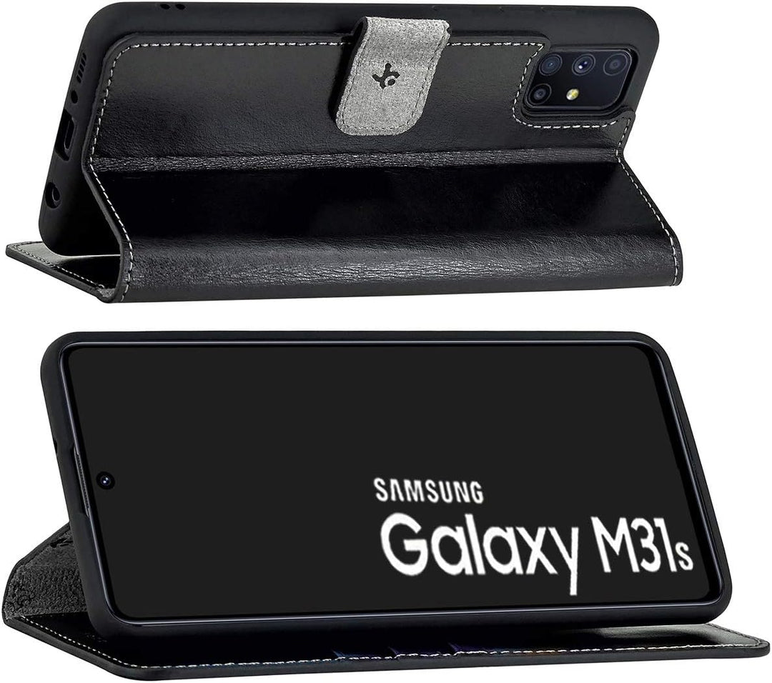 Suncase Book-Style Hülle kompatibel mit Samsung Galaxy M31s Leder Tasche (Slim-Fit) Lederhülle Handy