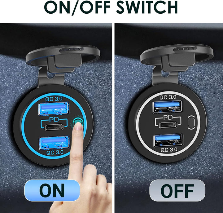 (3-USB 66W) 12V USB C Steckdose Einbau: PD3.0 Typ C USB Buchse Wasserdicht 12 Volt KFZ Dose Zigarett