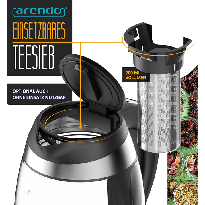 Arendo - Glas Wasserkocher mit Temperatureinstellung - mit Teesieb - Kabellos - 2200 W - 1,8L – Über