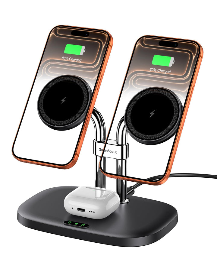 SwanScout Induktive Ladestation für iPhone 17/Air, SwanScout 706M, Mag-Safe Doppel Ladestation Kompa