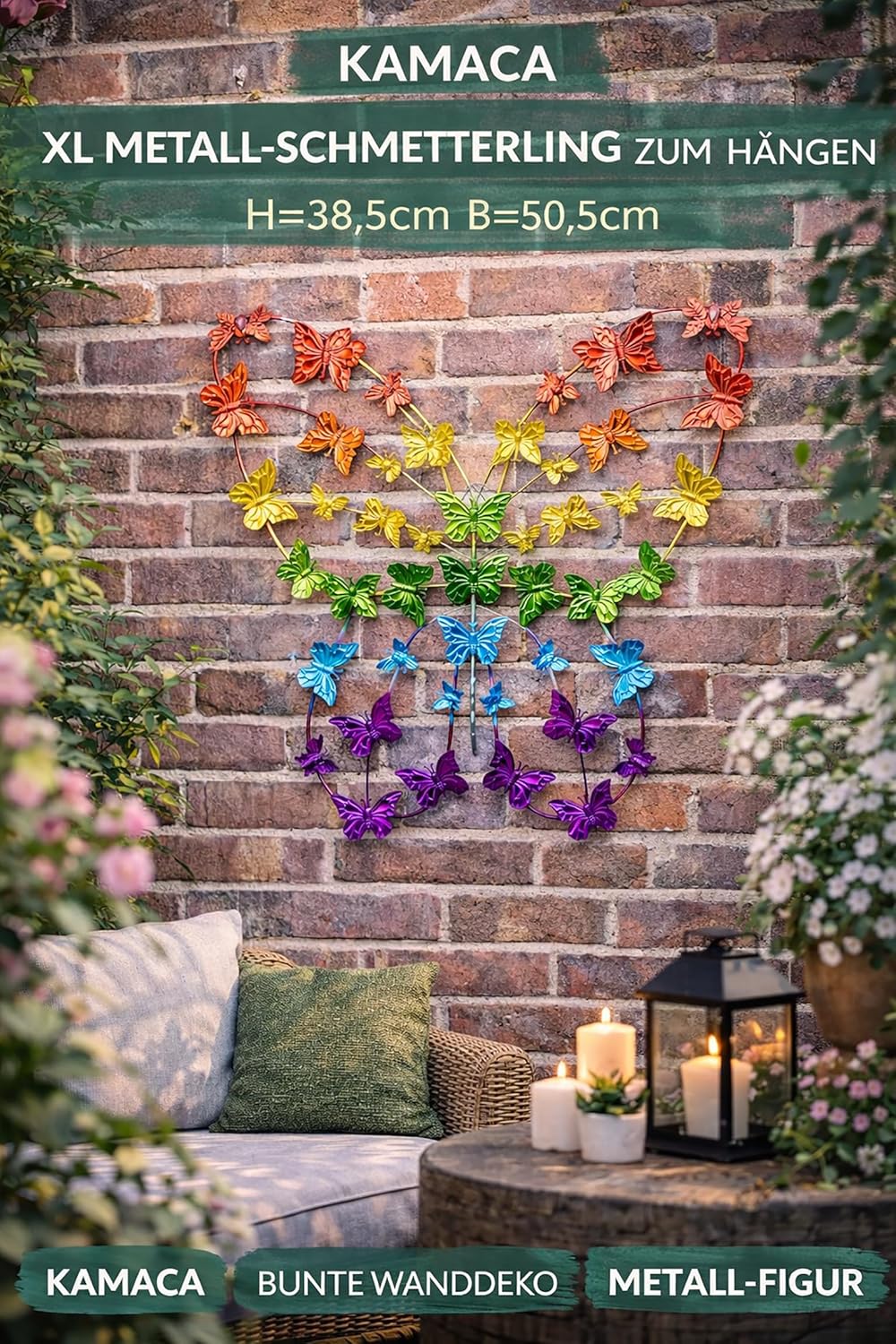 KAMACA XL Metall Schmetterling Wanddeko Bunt 50,5 x 38,5 cm für Garten Balkon Terrasse Wandfigur Far