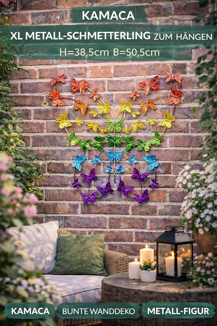 KAMACA XL Metall Schmetterling Wanddeko Bunt 50,5 x 38,5 cm für Garten Balkon Terrasse Wandfigur Far