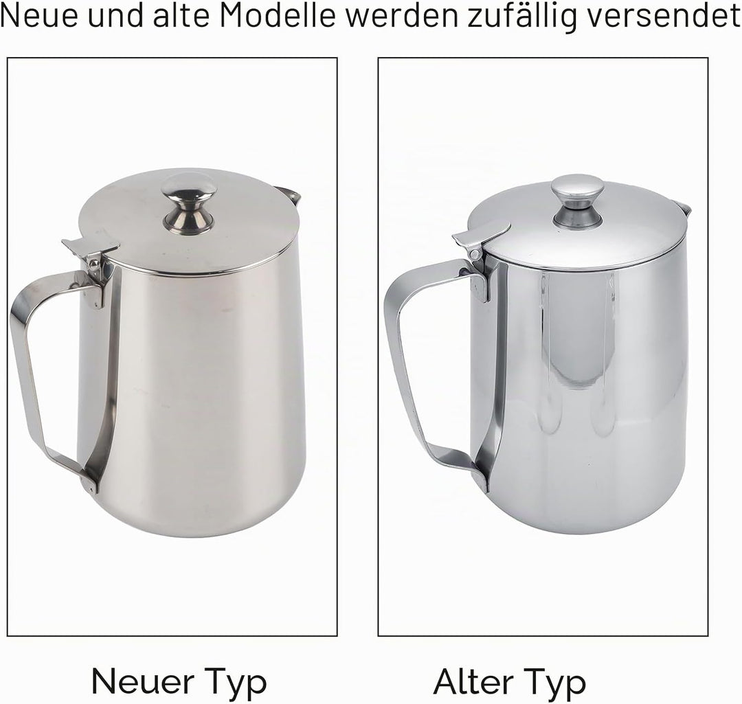 Milchaufschäumkrug mit Deckel, Tropffreier Auslauf aus Milchkännchen, Edelstahl Kaffeekännchen mit D